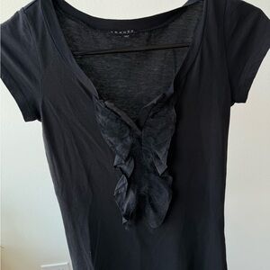 Theory Black Short-Sleeve V-Neck Ruffle Front Tee